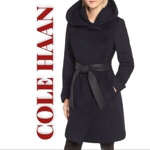 COLE HAAN  Black Wool Blend Belted Shawl Collar Wrap Coat, Size 12